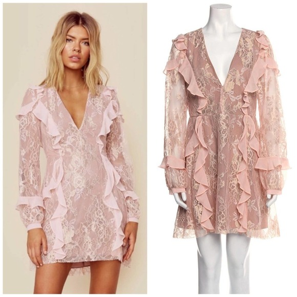 FOR LOVE & LEMONS Dress Bumble Pink Nude Ruffle Lace Mini Dress Size Large NEW - Picture 7 of 13